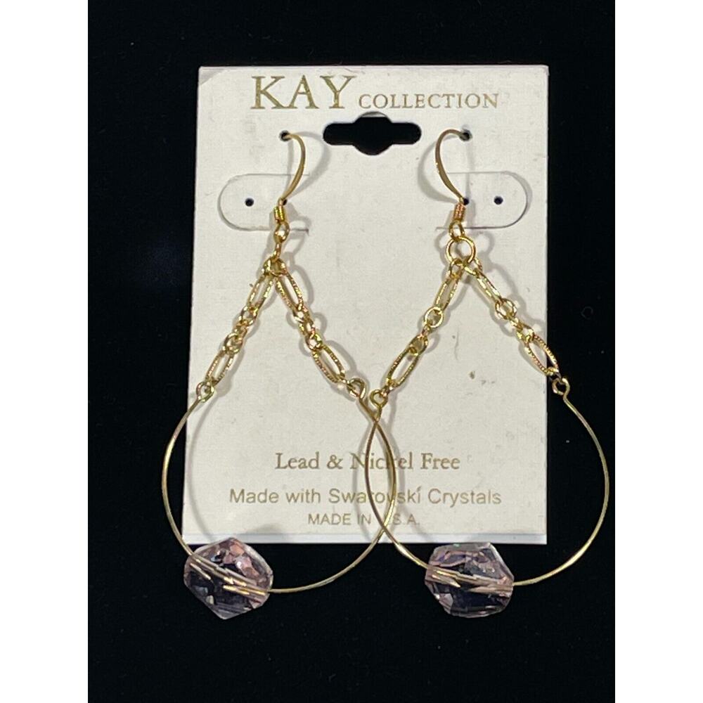 Kay Collection Gold-tone French Hook Teardrop Earrings Pink Swarovski Crystal 2"